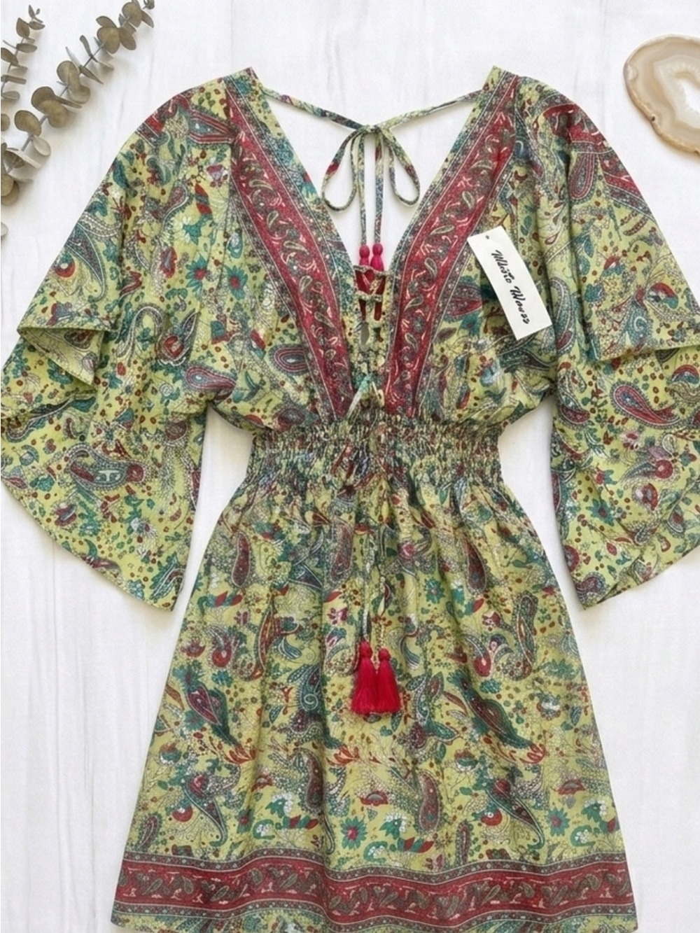 White Waves NWT Silk Blend Paisley Lace Up Boho Dress Made in India